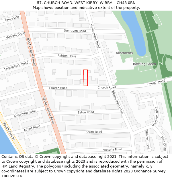 57, CHURCH ROAD, WEST KIRBY, WIRRAL, CH48 0RN: Location map and indicative extent of plot