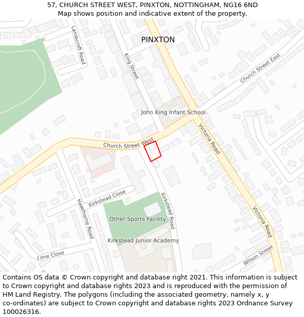 57, CHURCH STREET WEST, PINXTON, NOTTINGHAM, NG16 6ND: Location map and indicative extent of plot