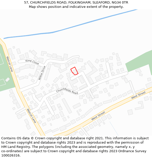 57, CHURCHFIELDS ROAD, FOLKINGHAM, SLEAFORD, NG34 0TR: Location map and indicative extent of plot