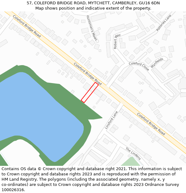 57, COLEFORD BRIDGE ROAD, MYTCHETT, CAMBERLEY, GU16 6DN: Location map and indicative extent of plot