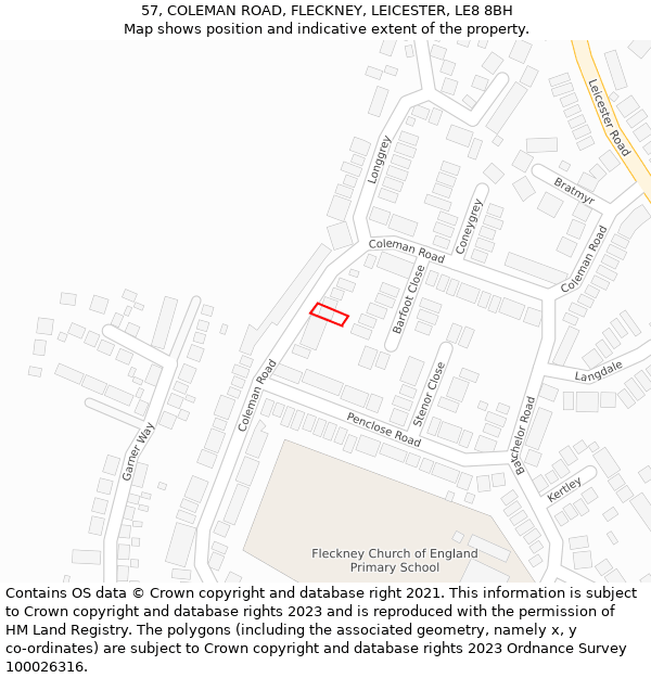 57, COLEMAN ROAD, FLECKNEY, LEICESTER, LE8 8BH: Location map and indicative extent of plot