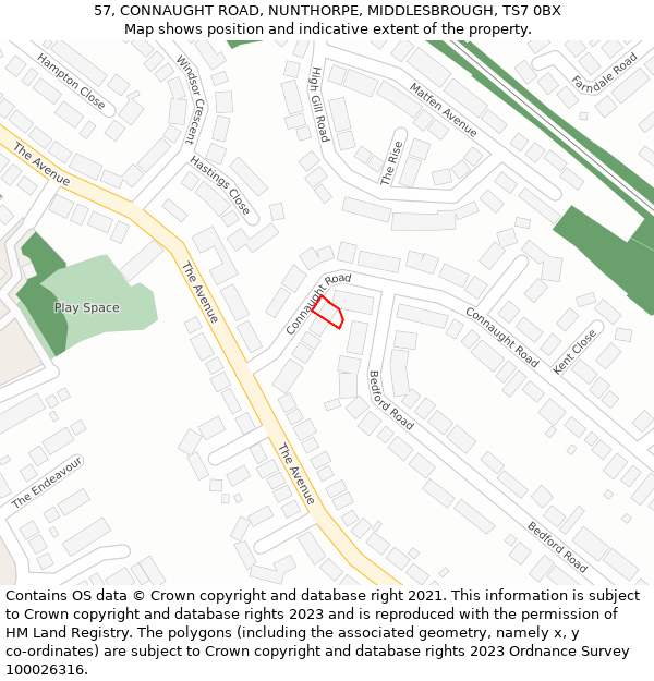 57, CONNAUGHT ROAD, NUNTHORPE, MIDDLESBROUGH, TS7 0BX: Location map and indicative extent of plot