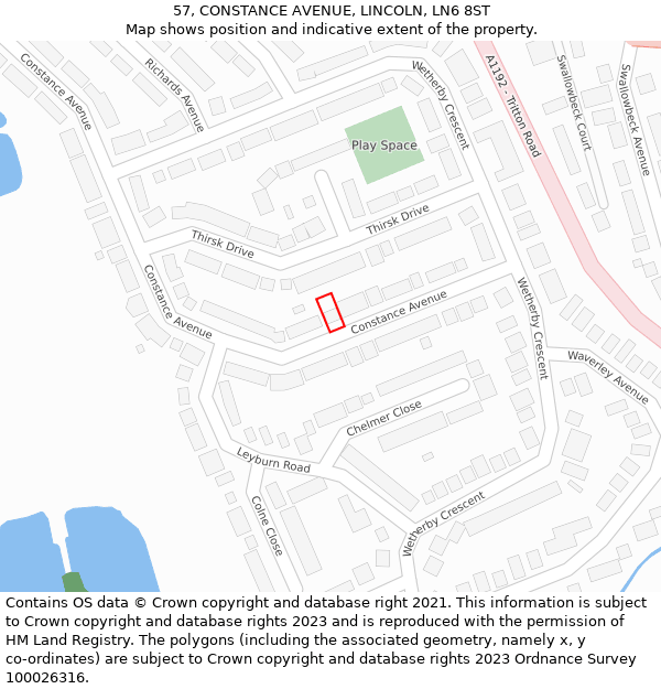 57, CONSTANCE AVENUE, LINCOLN, LN6 8ST: Location map and indicative extent of plot