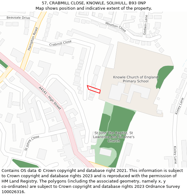 57, CRABMILL CLOSE, KNOWLE, SOLIHULL, B93 0NP: Location map and indicative extent of plot