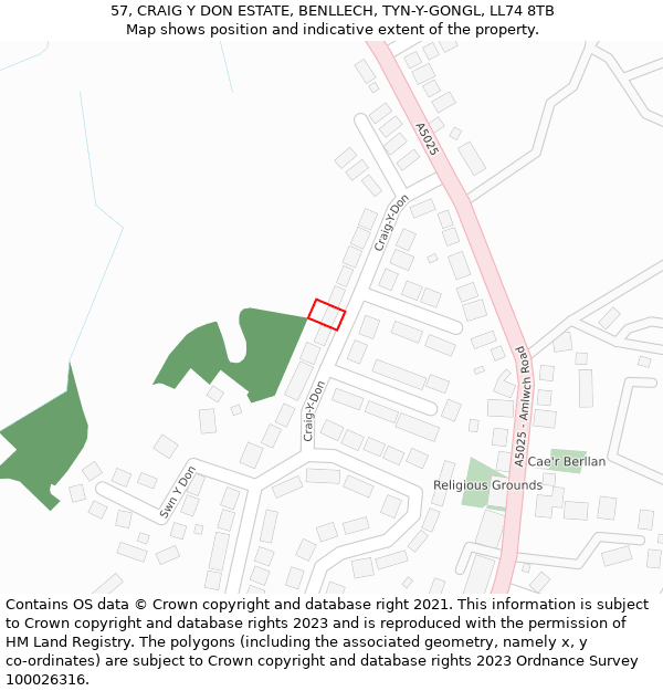 57, CRAIG Y DON ESTATE, BENLLECH, TYN-Y-GONGL, LL74 8TB: Location map and indicative extent of plot