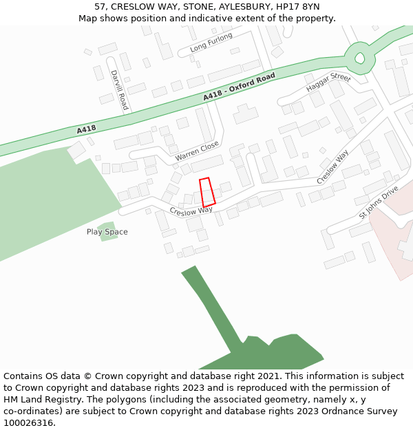 57, CRESLOW WAY, STONE, AYLESBURY, HP17 8YN: Location map and indicative extent of plot