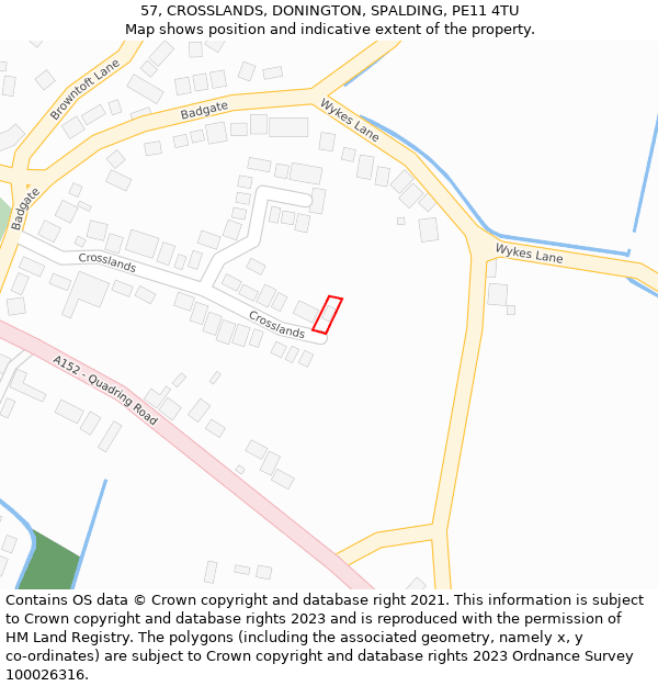 57, CROSSLANDS, DONINGTON, SPALDING, PE11 4TU: Location map and indicative extent of plot