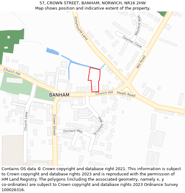 57, CROWN STREET, BANHAM, NORWICH, NR16 2HW: Location map and indicative extent of plot