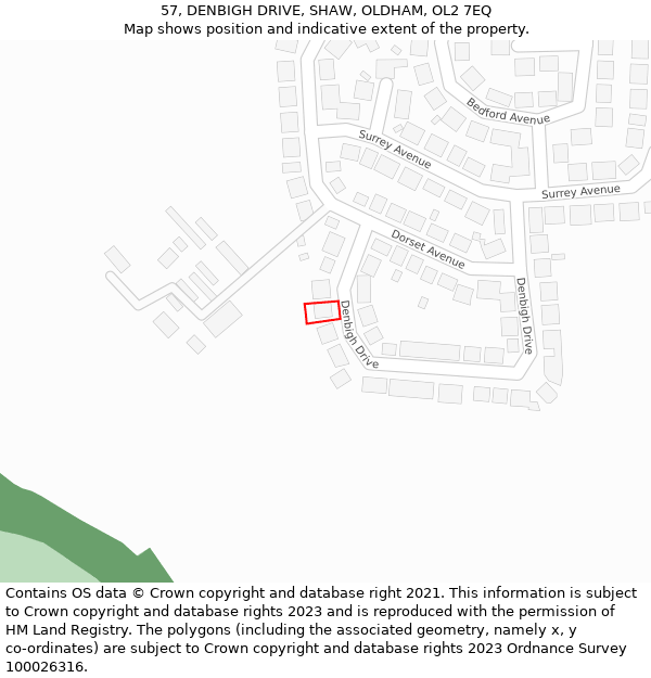 57, DENBIGH DRIVE, SHAW, OLDHAM, OL2 7EQ: Location map and indicative extent of plot