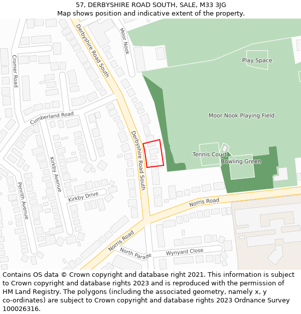 57, DERBYSHIRE ROAD SOUTH, SALE, M33 3JG: Location map and indicative extent of plot