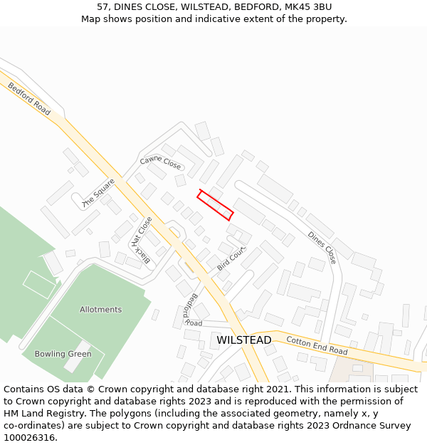 57, DINES CLOSE, WILSTEAD, BEDFORD, MK45 3BU: Location map and indicative extent of plot