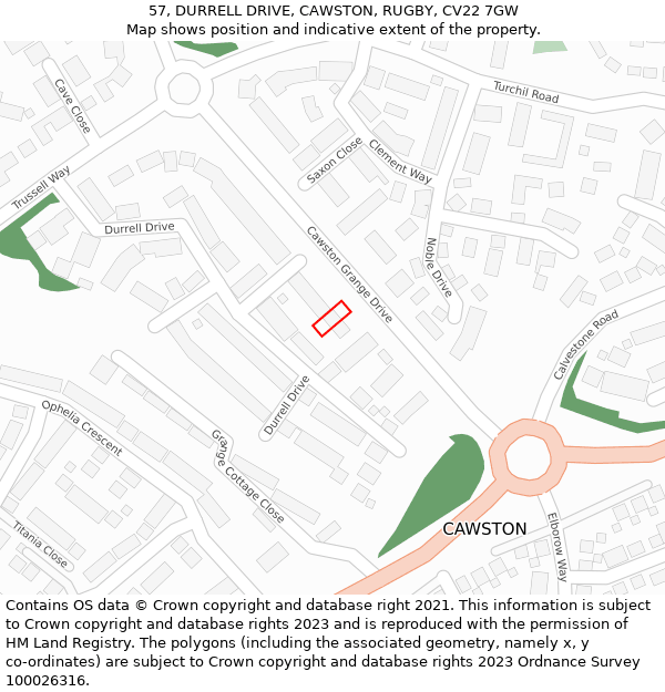 57, DURRELL DRIVE, CAWSTON, RUGBY, CV22 7GW: Location map and indicative extent of plot