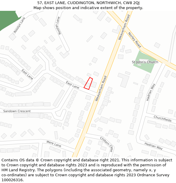 57, EAST LANE, CUDDINGTON, NORTHWICH, CW8 2QJ: Location map and indicative extent of plot