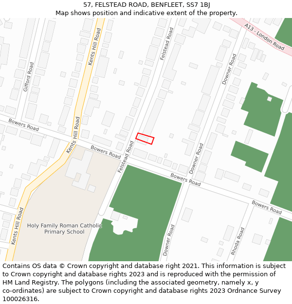 57, FELSTEAD ROAD, BENFLEET, SS7 1BJ: Location map and indicative extent of plot