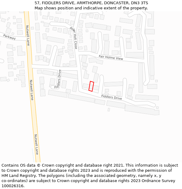 57, FIDDLERS DRIVE, ARMTHORPE, DONCASTER, DN3 3TS: Location map and indicative extent of plot