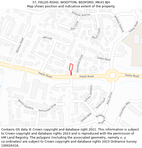 57, FIELDS ROAD, WOOTTON, BEDFORD, MK43 9JH: Location map and indicative extent of plot