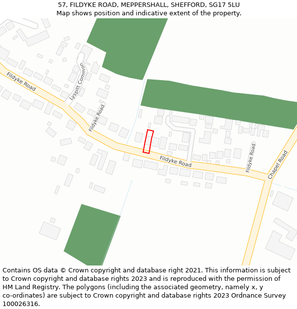 57, FILDYKE ROAD, MEPPERSHALL, SHEFFORD, SG17 5LU: Location map and indicative extent of plot