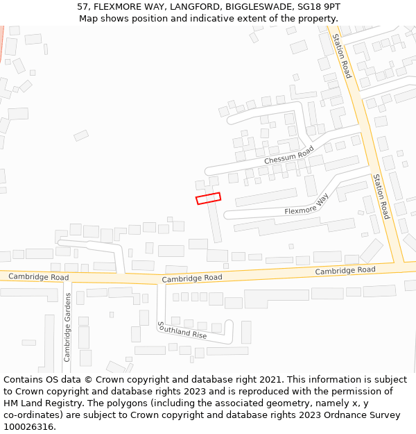 57, FLEXMORE WAY, LANGFORD, BIGGLESWADE, SG18 9PT: Location map and indicative extent of plot