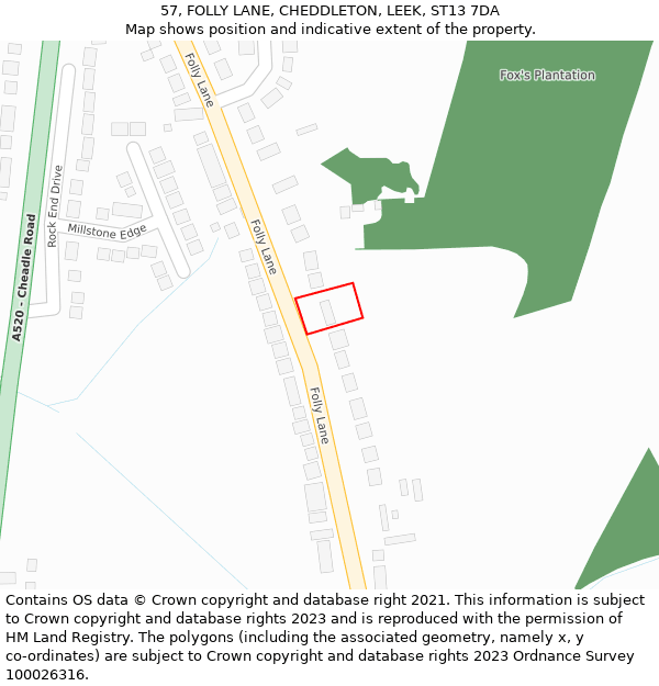 57, FOLLY LANE, CHEDDLETON, LEEK, ST13 7DA: Location map and indicative extent of plot