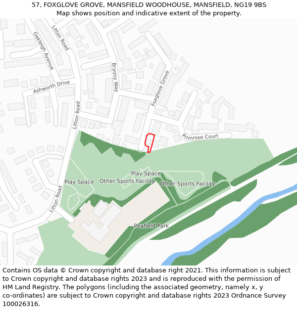 57, FOXGLOVE GROVE, MANSFIELD WOODHOUSE, MANSFIELD, NG19 9BS: Location map and indicative extent of plot