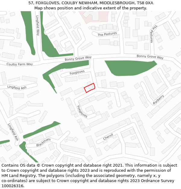 57, FOXGLOVES, COULBY NEWHAM, MIDDLESBROUGH, TS8 0XA: Location map and indicative extent of plot