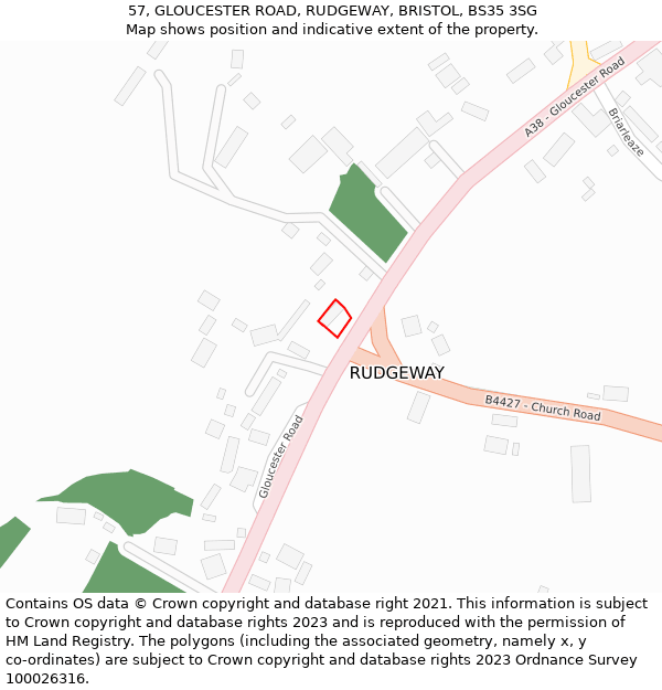 57, GLOUCESTER ROAD, RUDGEWAY, BRISTOL, BS35 3SG: Location map and indicative extent of plot