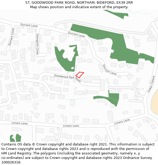 57, GOODWOOD PARK ROAD, NORTHAM, BIDEFORD, EX39 2RR: Location map and indicative extent of plot
