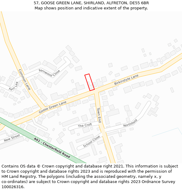 57, GOOSE GREEN LANE, SHIRLAND, ALFRETON, DE55 6BR: Location map and indicative extent of plot