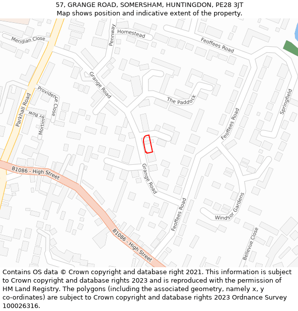 57, GRANGE ROAD, SOMERSHAM, HUNTINGDON, PE28 3JT: Location map and indicative extent of plot