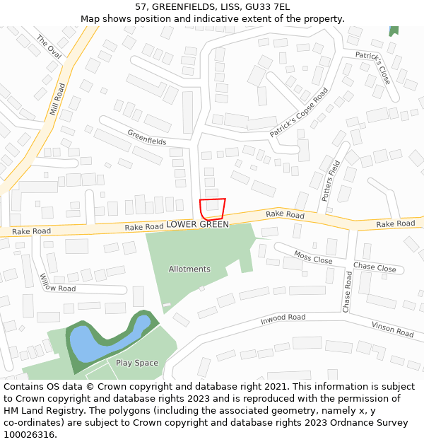 57, GREENFIELDS, LISS, GU33 7EL: Location map and indicative extent of plot