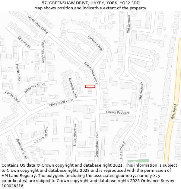 57, GREENSHAW DRIVE, HAXBY, YORK, YO32 3DD: Location map and indicative extent of plot