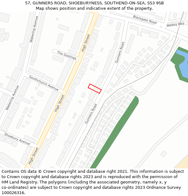 57, GUNNERS ROAD, SHOEBURYNESS, SOUTHEND-ON-SEA, SS3 9SB: Location map and indicative extent of plot