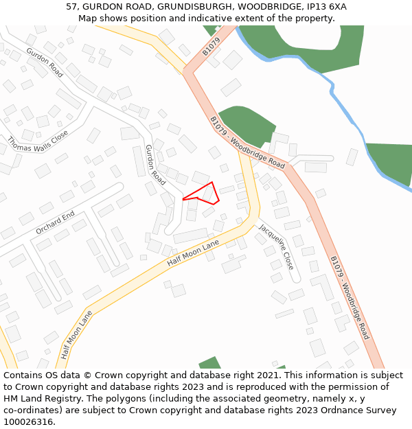 57, GURDON ROAD, GRUNDISBURGH, WOODBRIDGE, IP13 6XA: Location map and indicative extent of plot