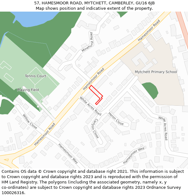 57, HAMESMOOR ROAD, MYTCHETT, CAMBERLEY, GU16 6JB: Location map and indicative extent of plot