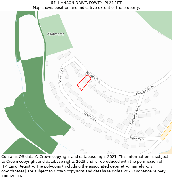 57, HANSON DRIVE, FOWEY, PL23 1ET: Location map and indicative extent of plot