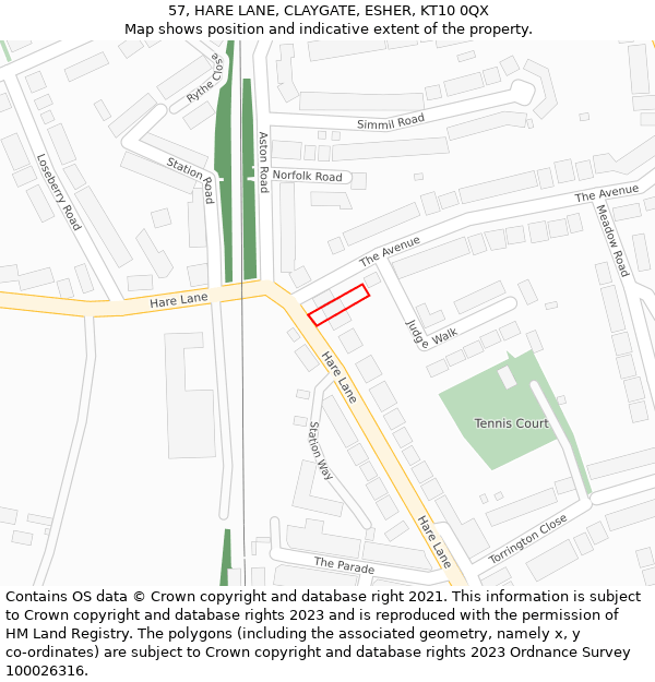 57, HARE LANE, CLAYGATE, ESHER, KT10 0QX: Location map and indicative extent of plot