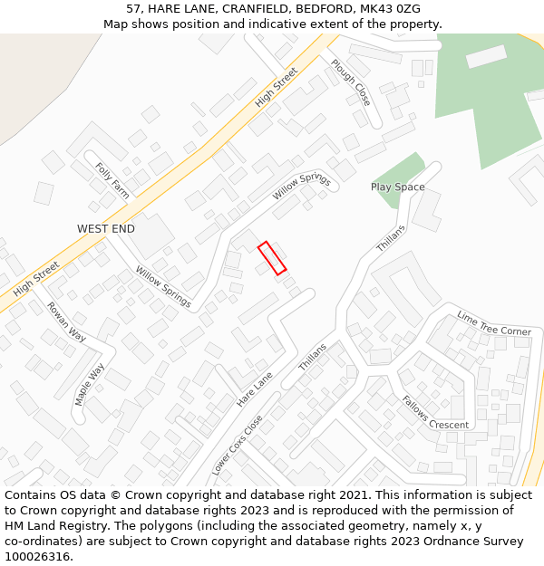 57, HARE LANE, CRANFIELD, BEDFORD, MK43 0ZG: Location map and indicative extent of plot