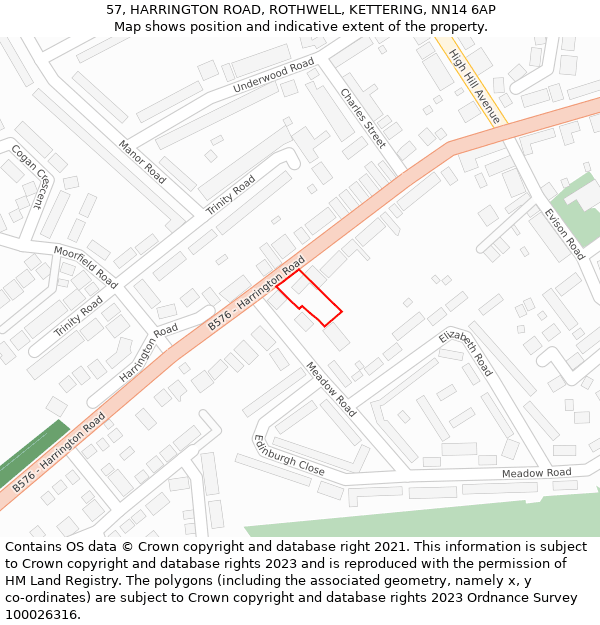 57, HARRINGTON ROAD, ROTHWELL, KETTERING, NN14 6AP: Location map and indicative extent of plot