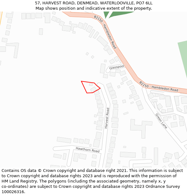 57, HARVEST ROAD, DENMEAD, WATERLOOVILLE, PO7 6LL: Location map and indicative extent of plot