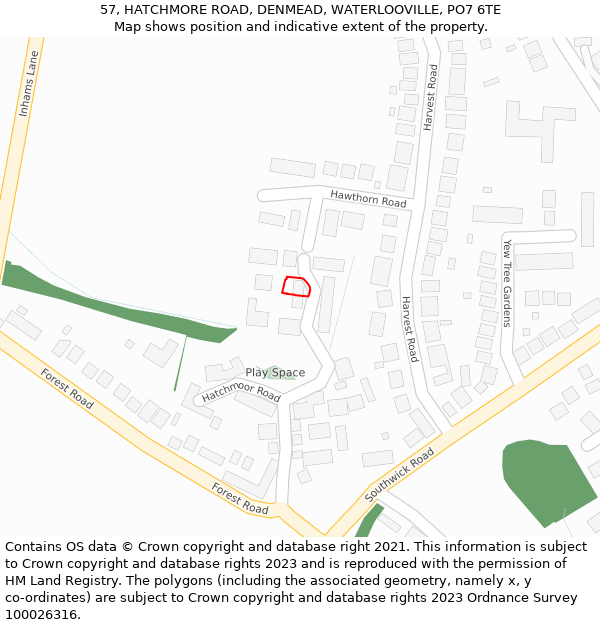57, HATCHMORE ROAD, DENMEAD, WATERLOOVILLE, PO7 6TE: Location map and indicative extent of plot