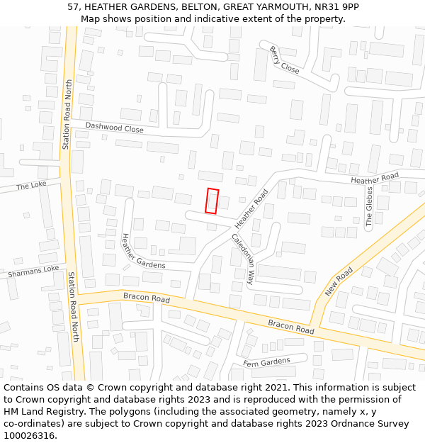 57, HEATHER GARDENS, BELTON, GREAT YARMOUTH, NR31 9PP: Location map and indicative extent of plot