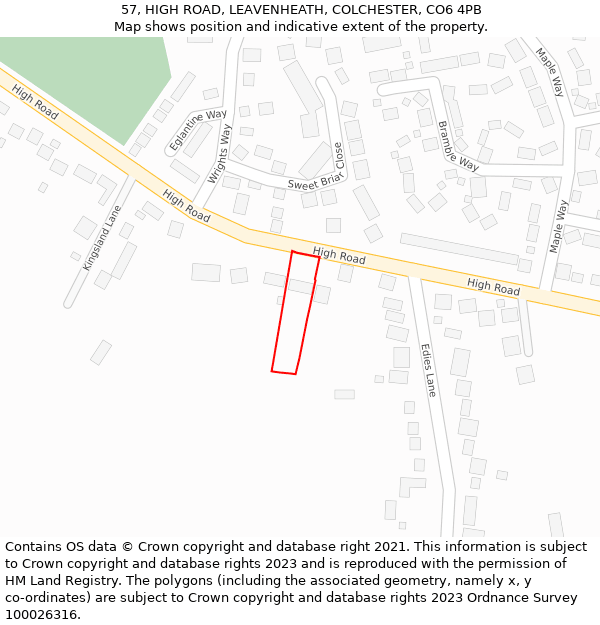 57, HIGH ROAD, LEAVENHEATH, COLCHESTER, CO6 4PB: Location map and indicative extent of plot