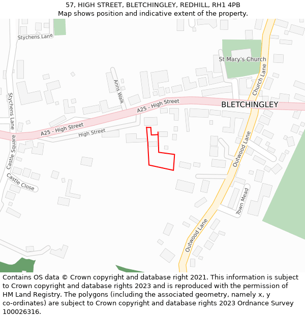 57, HIGH STREET, BLETCHINGLEY, REDHILL, RH1 4PB: Location map and indicative extent of plot