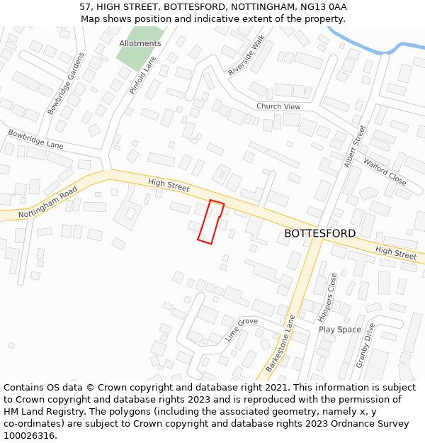 57, HIGH STREET, BOTTESFORD, NOTTINGHAM, NG13 0AA: Location map and indicative extent of plot