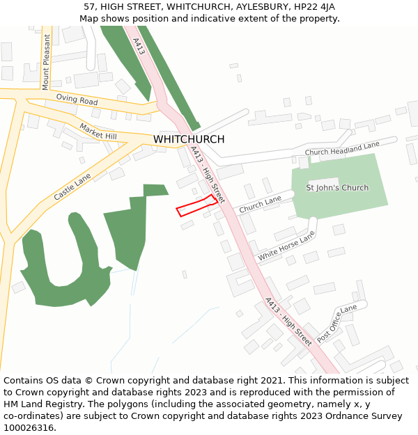 57, HIGH STREET, WHITCHURCH, AYLESBURY, HP22 4JA: Location map and indicative extent of plot