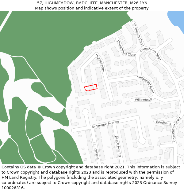 57, HIGHMEADOW, RADCLIFFE, MANCHESTER, M26 1YN: Location map and indicative extent of plot