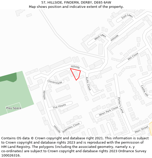 57, HILLSIDE, FINDERN, DERBY, DE65 6AW: Location map and indicative extent of plot