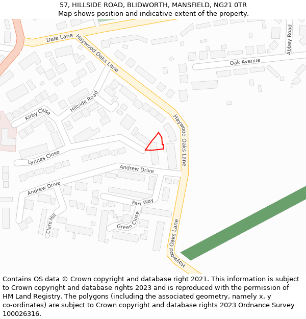 57, HILLSIDE ROAD, BLIDWORTH, MANSFIELD, NG21 0TR: Location map and indicative extent of plot