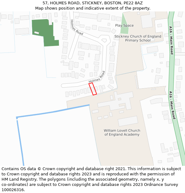 57, HOLMES ROAD, STICKNEY, BOSTON, PE22 8AZ: Location map and indicative extent of plot