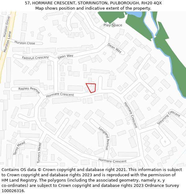 57, HORMARE CRESCENT, STORRINGTON, PULBOROUGH, RH20 4QX: Location map and indicative extent of plot